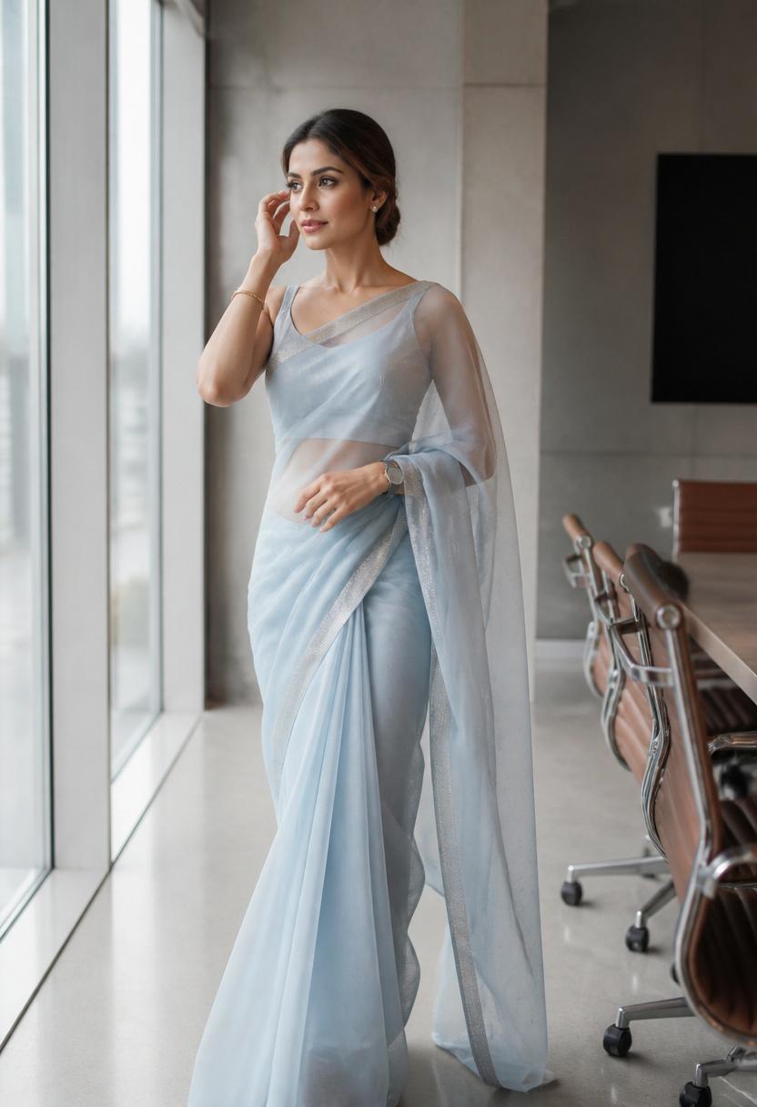 A modern Kerala woman in a sheer organza saree styled for the office