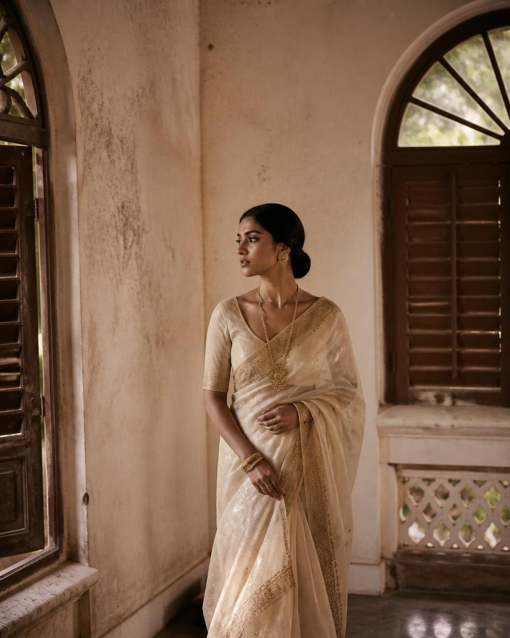 A model in an ivory and gold tissue saree, styled against a sunlit Kerala interior