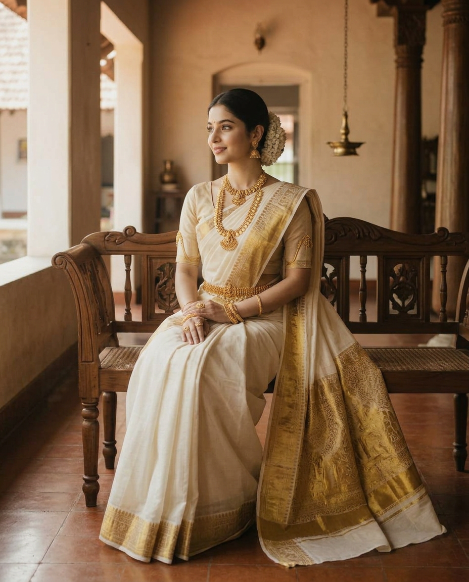 A fair-skinned Kerala bride in an ivory and gold kasavu silk saree in a heritage parlour